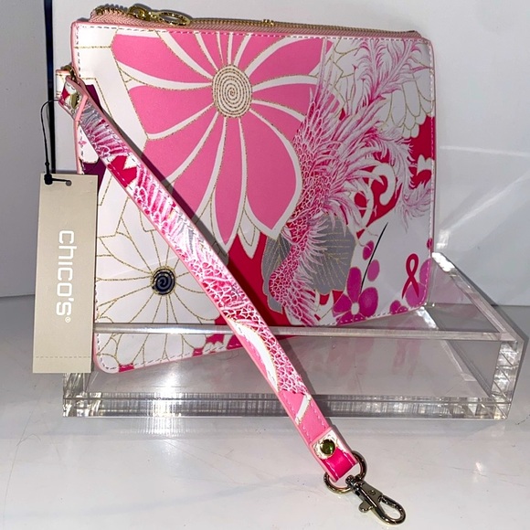 Chico’s Printed Zip Pouch w pink floral design & wristlet strap, LBBC Pouch NWT - Picture 1 of 12